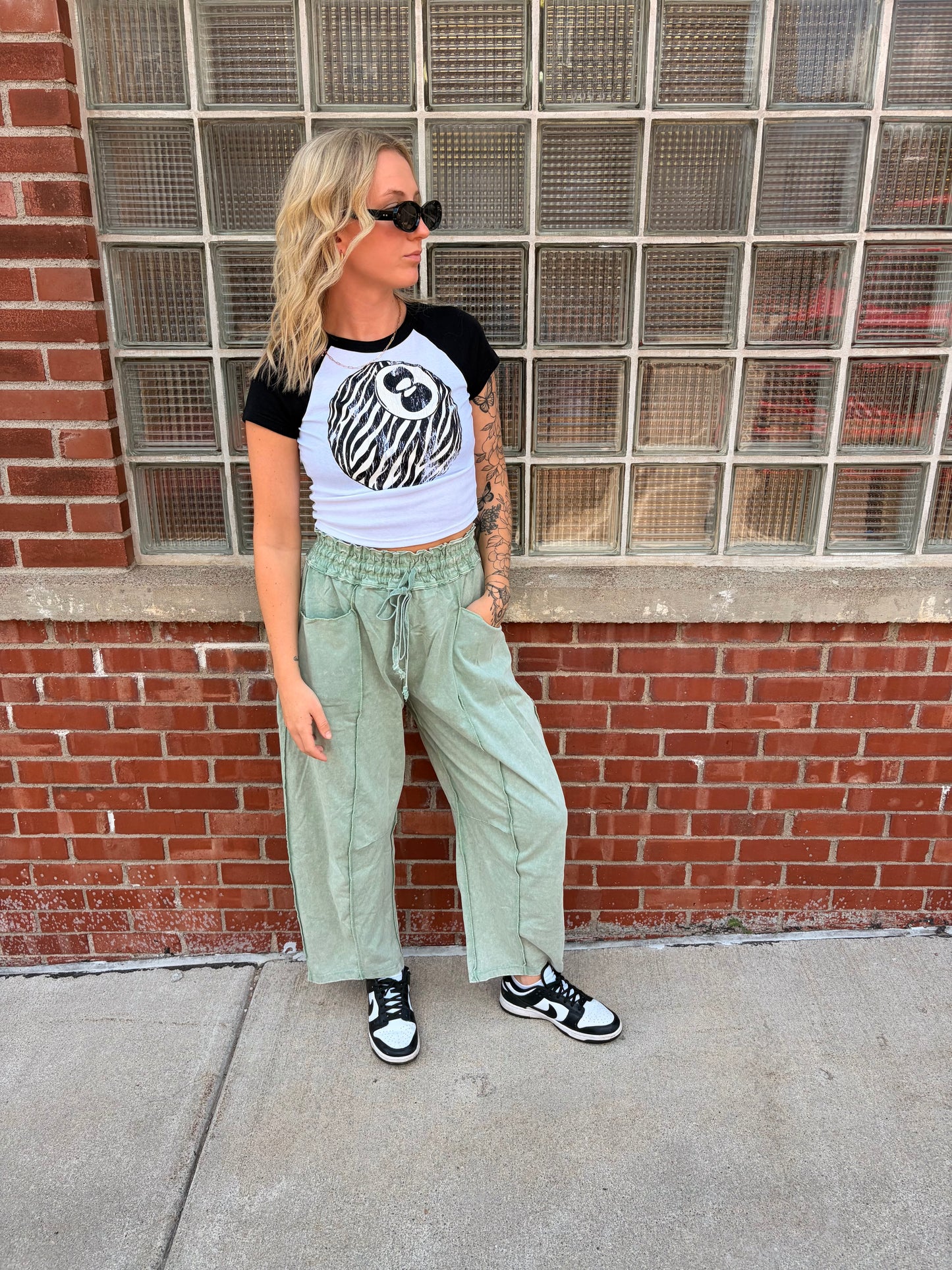 Mineral Wash Seam Detail Barrel Pants (Jade)