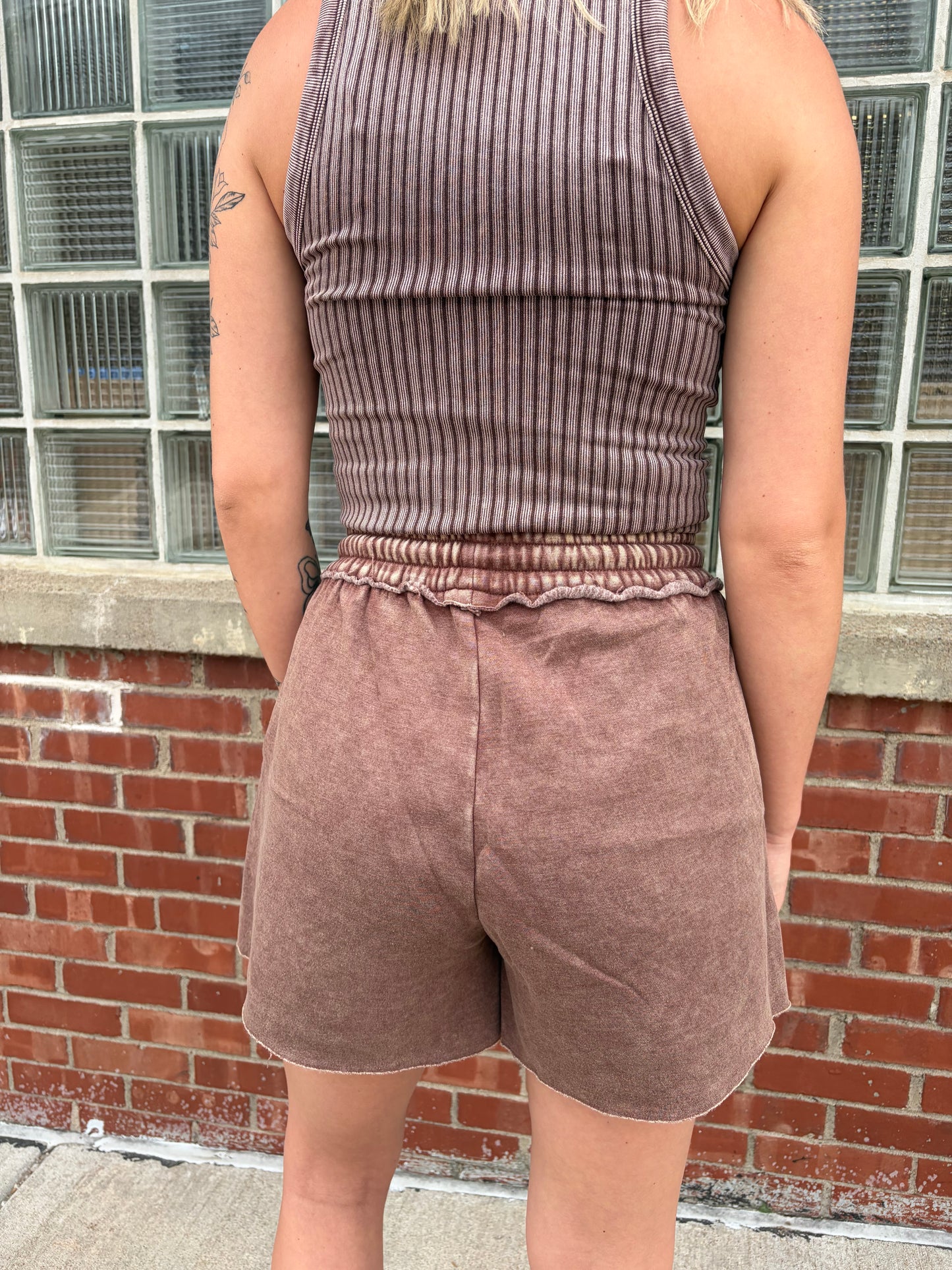 Acid Wash Fleece Drawstring Shorts (Brown)