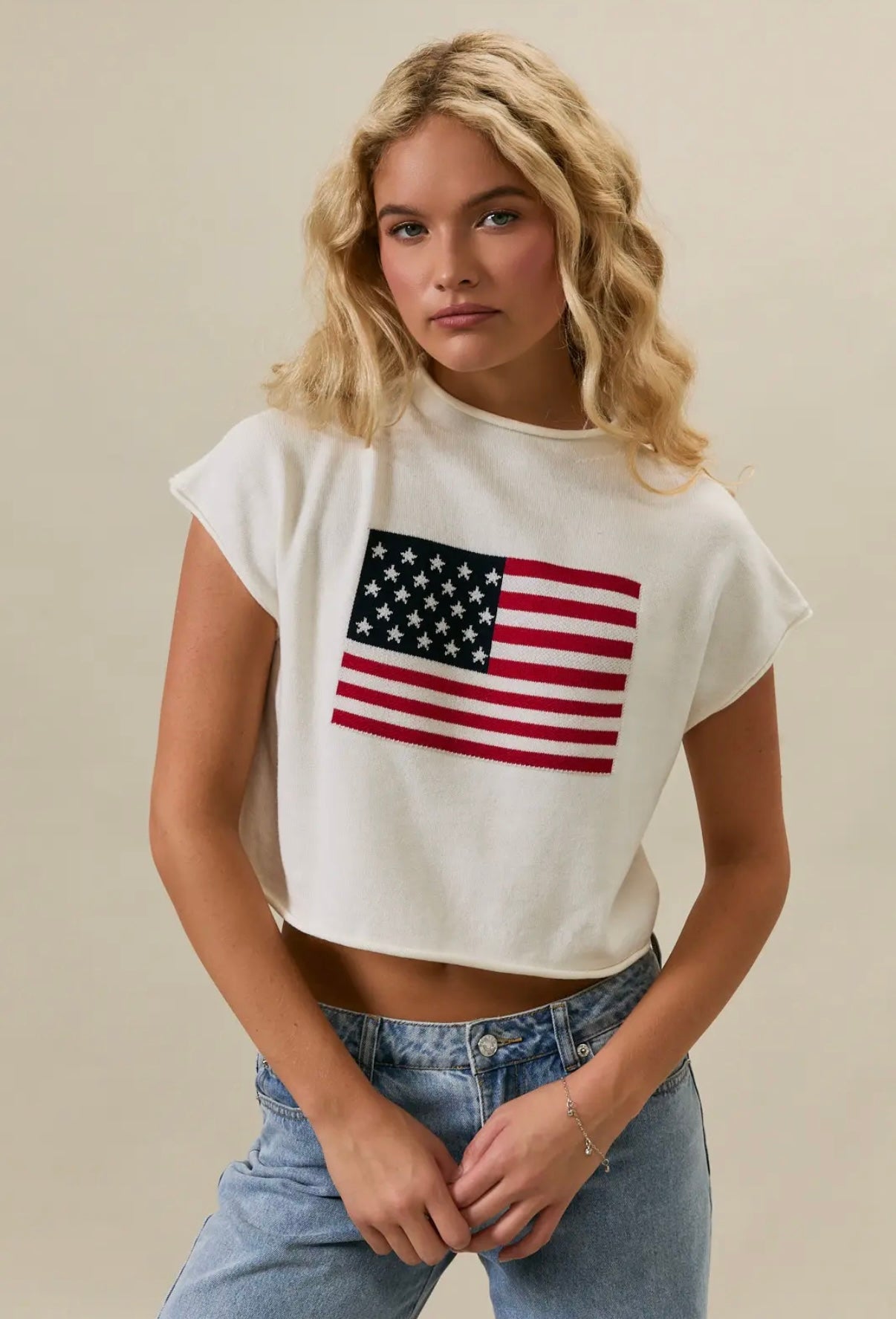 Drop Shoulder Mock Neck Flag Sweater