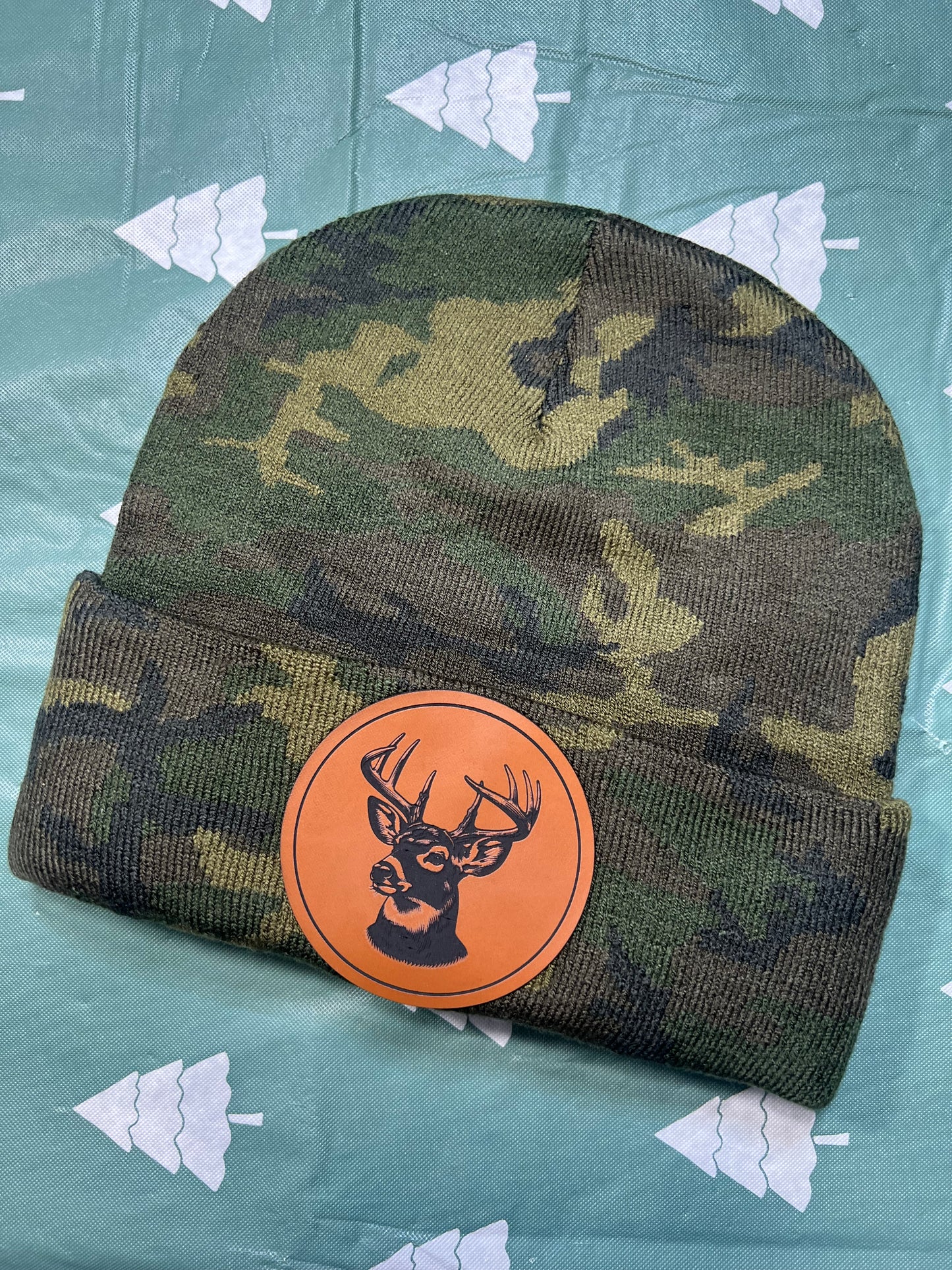 Leather Deer Patch Camo Beanie
