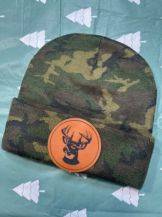 Leather Deer Patch Camo Beanie