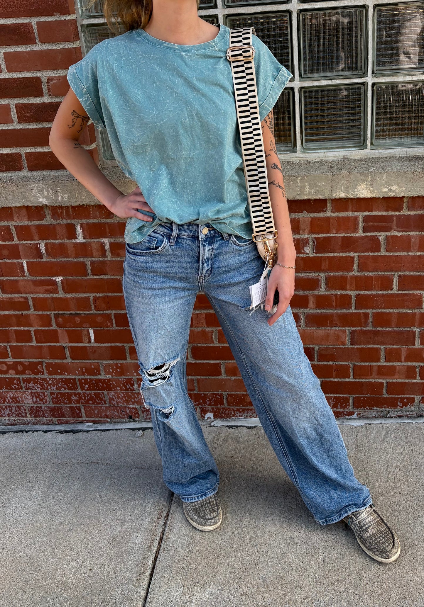 Zenana Washed Cuffed Short Sleeve Tee (Ash Blue)