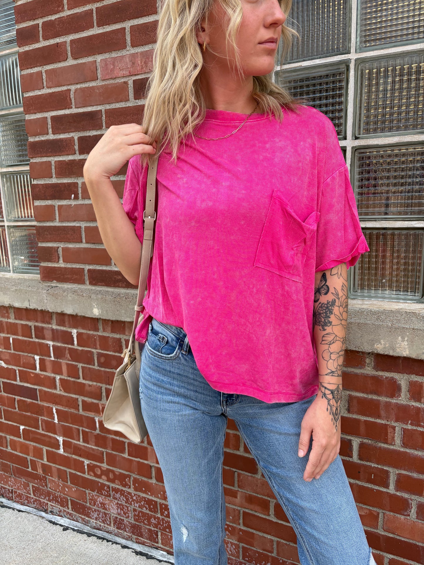 Washed Ribbed Short Sleeve Round Neck Top