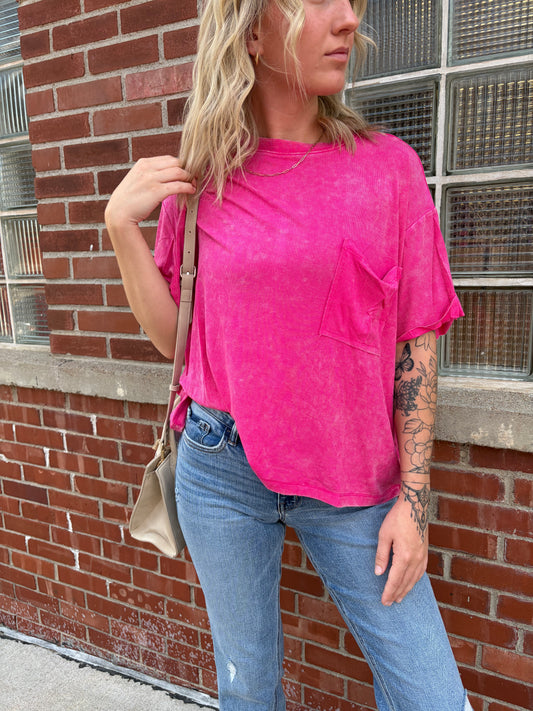 Washed Ribbed Short Sleeve Round Neck Top