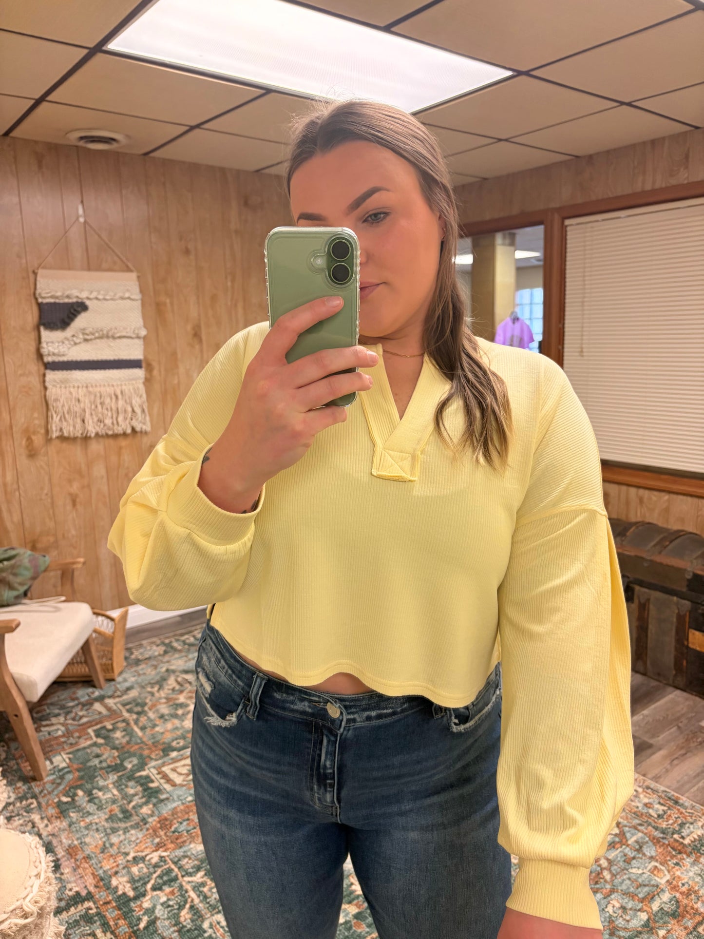 Split Neck Long Sleeve Cropped Knit Top