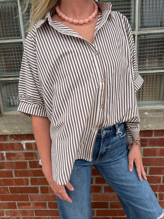 Oversized Stripe Button Down Top (Mocha)