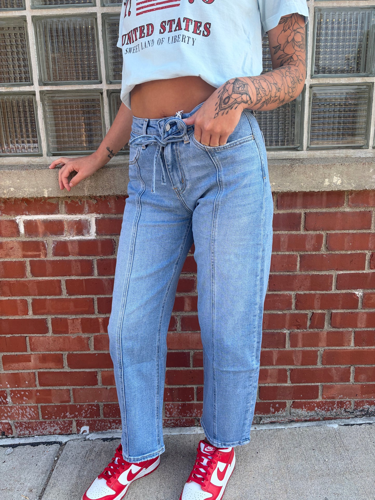 Plus-High Rise Waist Tie Crop Wide Barrel Jeans