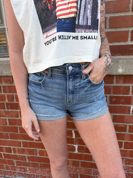 Artemis Vintage Denim Frayed Hem High Rise Shorts