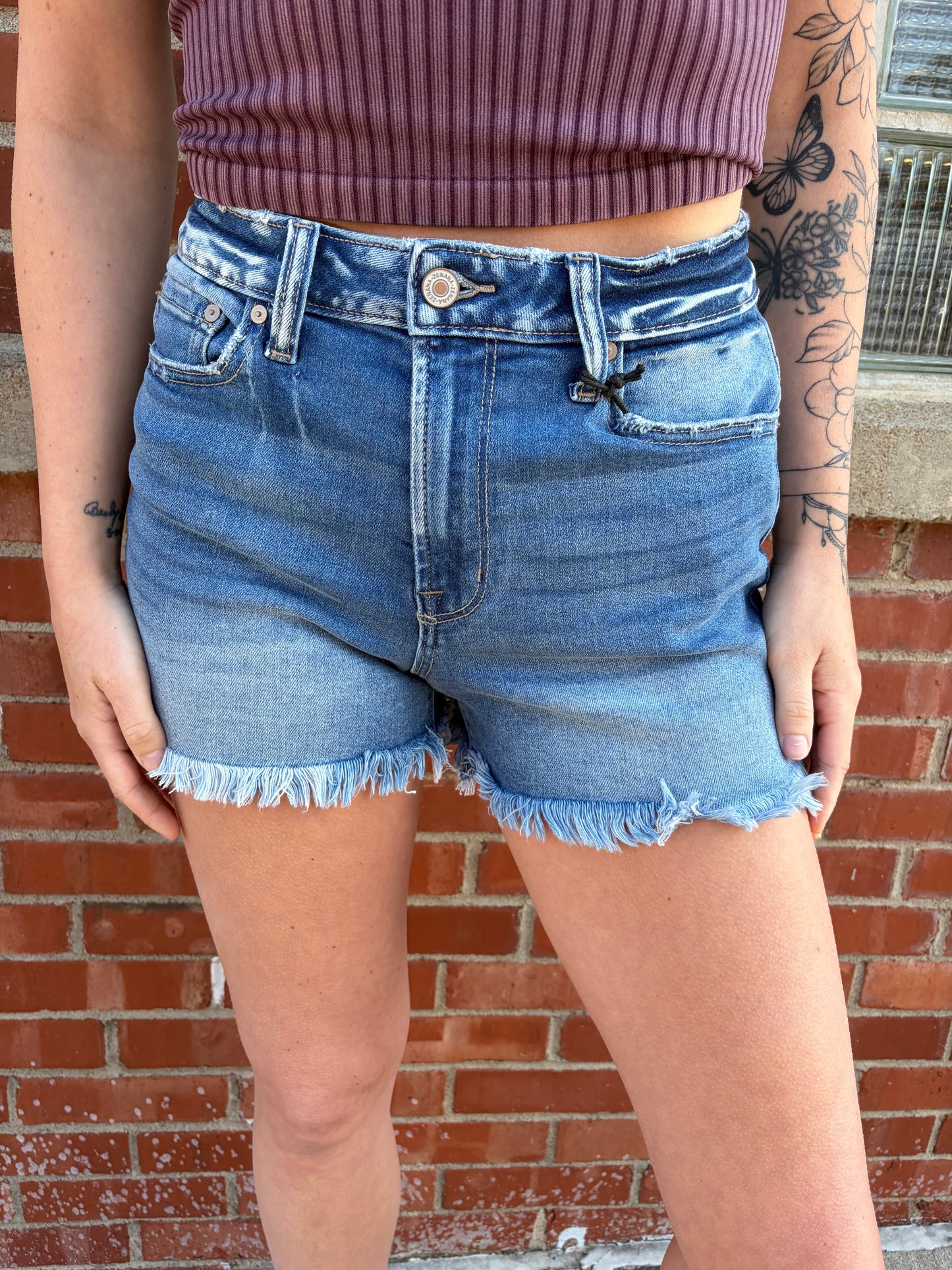 Mid-Rise Raw Frayed Hem Denim Shorts