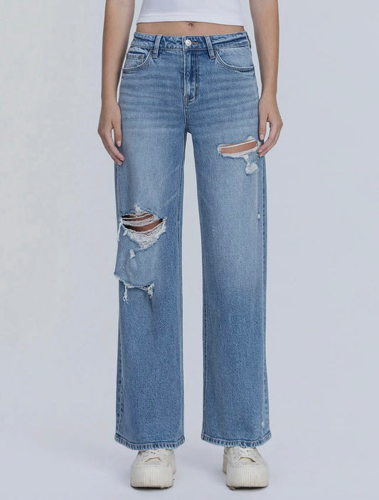 Vervet High Rise Medium Wash Distressed Wide Leg Jeans