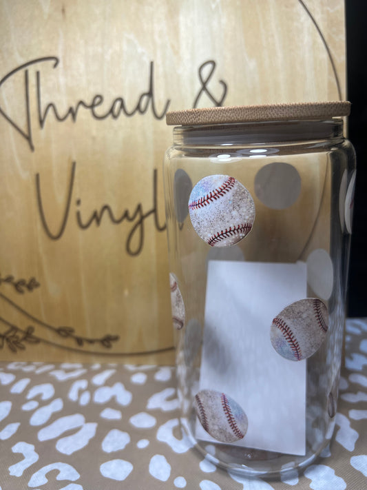 Glitter Baseball 16 oz. Glass Can Cup