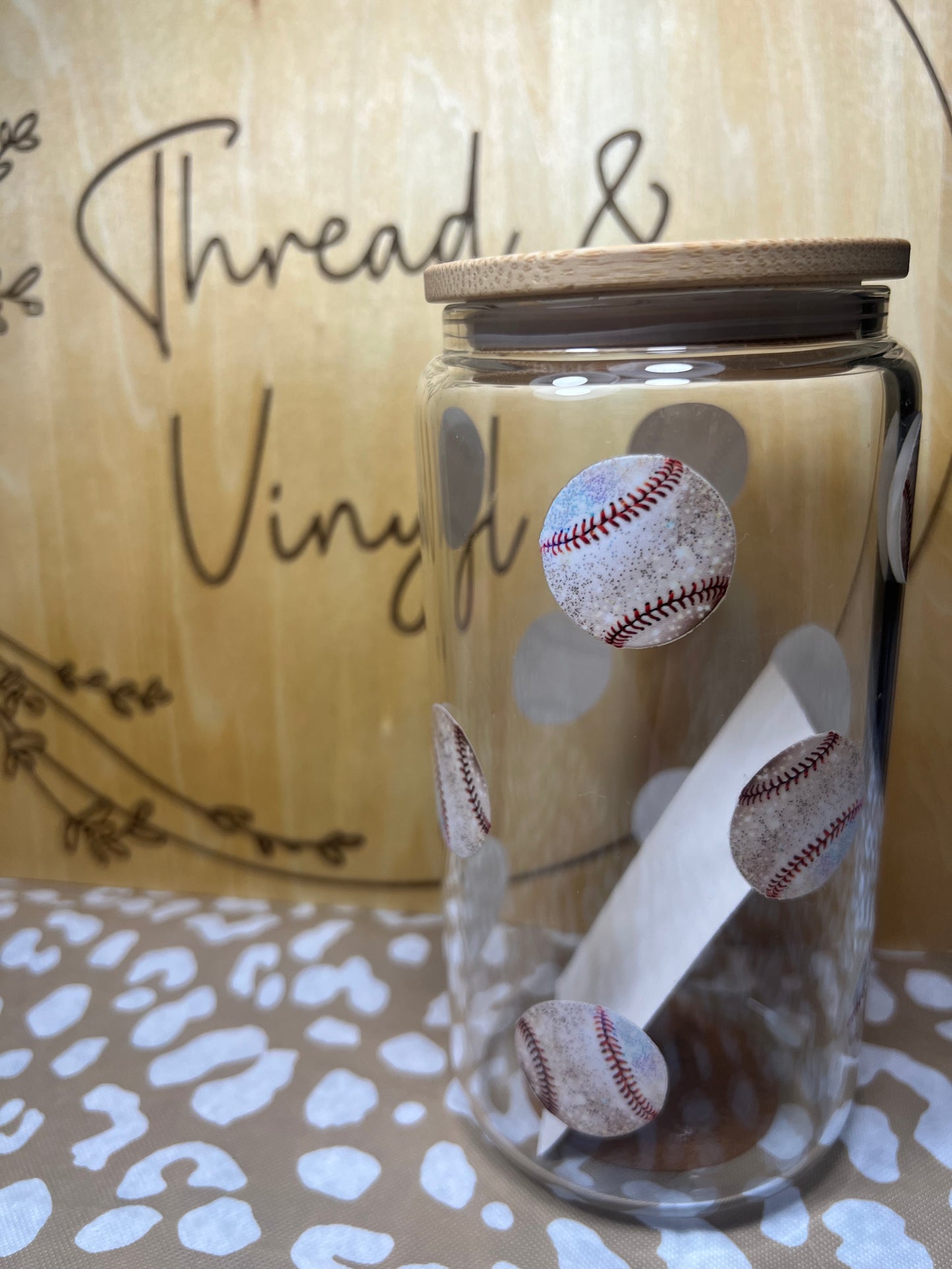 Glitter Baseball 16 oz. Glass Can Cup